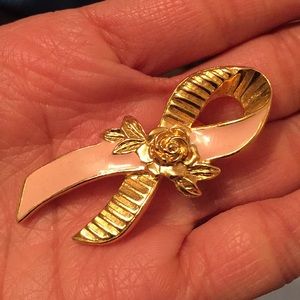 Vintage golden pink ribbon rose pin
